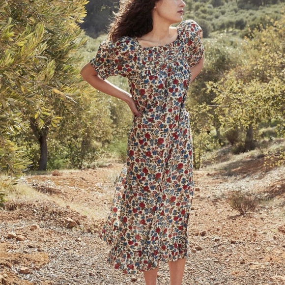 Doen Dresses & Skirts - Doen Floral Midi Dress in Cream with Red & Blue Floral Print